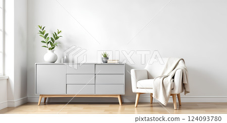 Poster and armchair cabinet decoration composition in a modern interior. 124093780