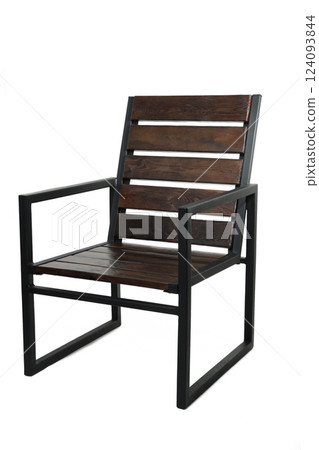 Metal chairs for spring garden isolated on white. Metal garden furniture for picnics and birdwatching. Metal chairs for spring garden isolated on white. Metal garden furniture for picnics and birdwatching. 124093844