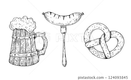 Vector grilled sausage on fork. Bavarian pretzel, Brezel with salt. Graphic German beer, bratwurst illustration isolated on background. Hand drawn line sketch. For designers, prints, postcards Vector grilled sausage on fork. Bavarian pretzel, Brezel with salt. Graphic German beer, bratwurst illustration isolated on background. Hand drawn line sketch. For designers, prints, postcards 124093845