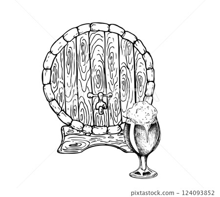 Vector wooden barrel for wine. Glass of beer with cap of foam, a tap. Graphic vintage illustration isolated on background. Hand drawn wood oak keg line sketch. For designers, prints, postcards Vector wooden barrel for wine. Glass of beer with cap of foam, a tap. Graphic vintage illustration isolated on background. Hand drawn wood oak keg line sketch. For designers, prints, postcards 124093852