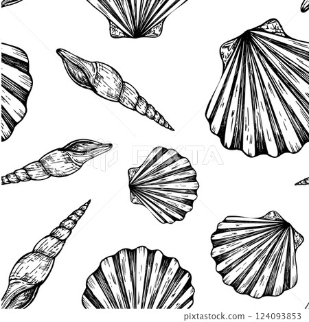 Seamless pattern with beautiful shells. Hand painted line seashell. Graphic clip art isolated on background. Underwater illustration. For designers, invitations, decoration, postcards, wrapping paper Seamless pattern with beautiful shells. Hand painted line seashell. Graphic clip art isolated on background. Underwater illustration. For designers, invitations, decoration, postcards, wrapping paper 124093853