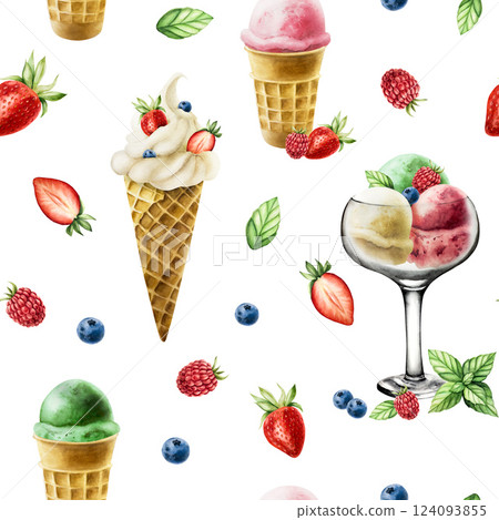 Seamless pattern with soft vanilla ice cream in crispy waffle cone with strawberries, mint, blueberries. Hand painting sweet watercolor illustration isolated on background. For designers, menu, shop Seamless pattern with soft vanilla ice cream in crispy waffle cone with strawberries, mint, blueberries. Hand painting sweet watercolor illustration isolated on background. For designers, menu, shop 124093855