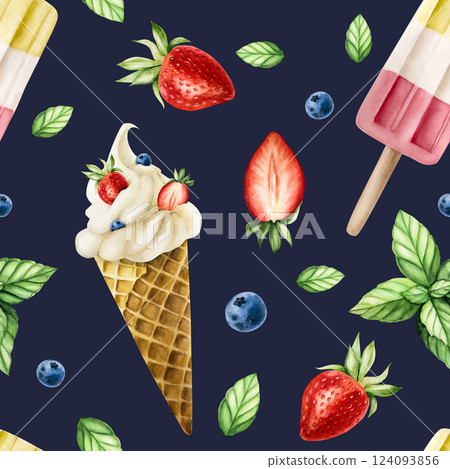 Seamless pattern with soft vanilla ice cream in crispy waffle cone with strawberries, mint, blueberries. Hand painting sweet watercolor illustration isolated on background. For designers, menu, shop 124093856
