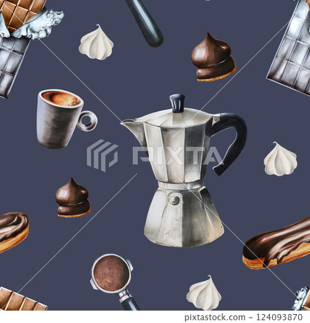 Seamless pattern with geyser coffee maker, meringue, porcelain cup with americano. eclair, blueberry tartlet. Hand painting watercolor illustration isolated on background. For designers, menu, shop Seamless pattern with geyser coffee maker, meringue, porcelain cup with americano. eclair, blueberry tartlet. Hand painting watercolor illustration isolated on background. For designers, menu, shop 124093870
