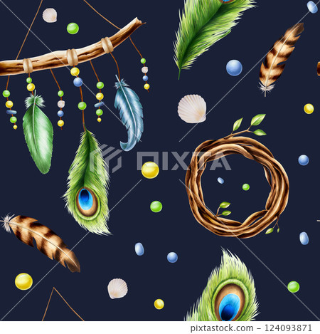 Seamless pattern with ethnic wooden dream catcher pendant, shells, wreath of twigs with spring leaves and peacock feather in watercolor style. Hand painted illustration, holder isolated on white 124093871