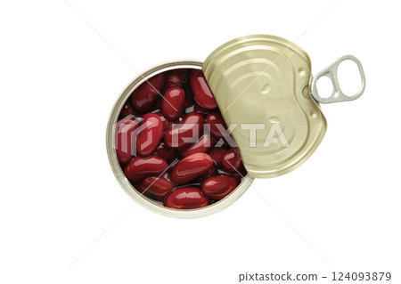 Red kidney beans, in an opened can. Cooked and canned common kidney beans, a variety of the common bean. 124093879