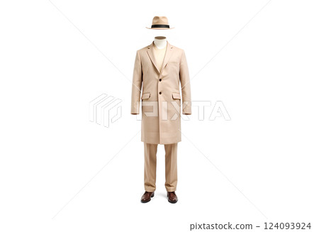 Blank colored casual coat, beanie, pants, shoes mockup outfit, isolated. 124093924