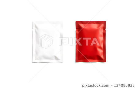 Blank red catsup and white sachet packet mockup, isolated, top view, 3d rendering. Empty tomato ketchup and mayonnaise pack mock up. Clear airtight disposable cosmetics or medication parcel template. 124093925