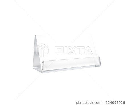 White business card mockup holder isolated. Plastic transparent glass box name calling blank cards. Cardholder branding identity mock up presentation. Flyer leaflet white paper card template design. 124093926