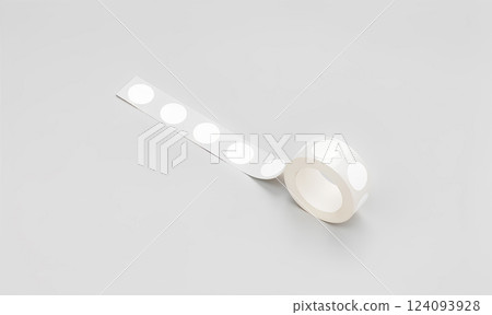 Blank silver tape with white round stickers mockup, side view, 3d rendering. Empty release liner with small adhesive labels mock up. Clear strip with circle tag for price or pack. Sticky roll template 124093928