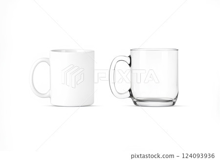 Blank ceramic and glass 11oz mug with handle mockup stand. 124093936
