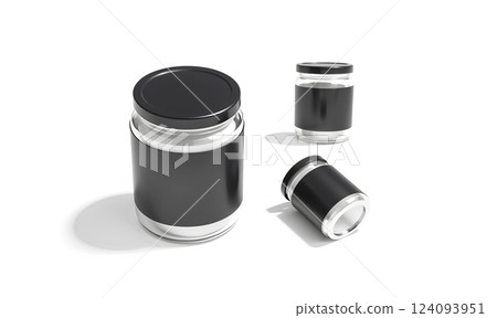 Blank glass jar black label and cap mockup, different views. 124093951