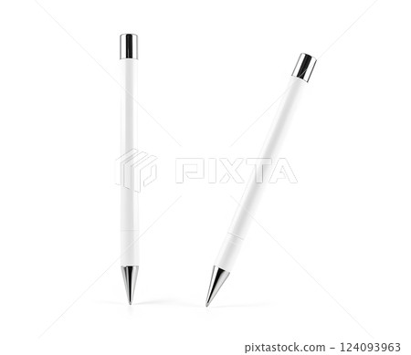 White pen isolated on a white background. Blank Pen mock up corporate busines identity presentation. Drawing and writing. Expensive luxury pen. Show showing shows white pens isolated on white mockup. 124093963