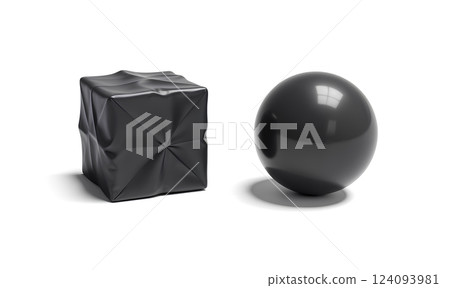 Blank black ball and leather cube mockup set. Blank black ball and leather cube mockup set. 124093981