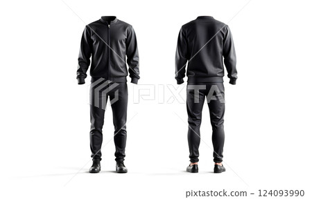 Blank black sport tracksuit with bomber, pants and sneakers mockup. 124093990