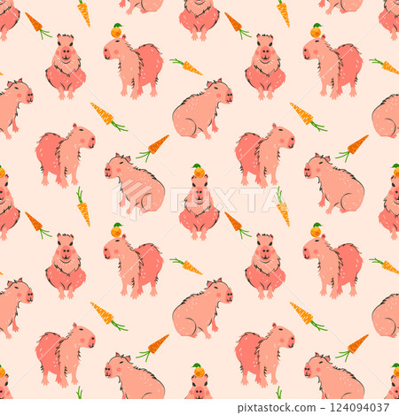 Cute Capybara pattern with carrot and orange fruit design. Seamless background funny and pretty capybara.Cartoon style hand drawn pastel color vector illustration for your design Cute Capybara pattern with carrot and orange fruit design. Seamless background funny and pretty capybara.Cartoon style hand drawn pastel color vector illustration for your design 124094037