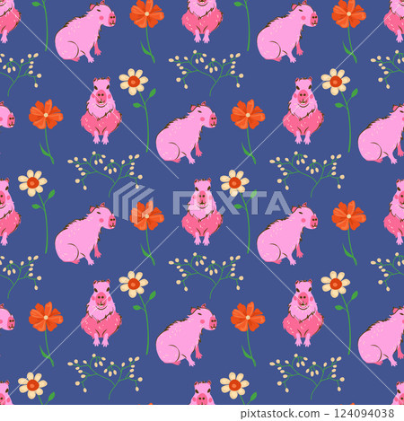 Cute Capybara pattern with beautiful sweet flowers print design. Seamless purple background funny and pretty capybara. Cartoon style hand drawn  pink color animal vector illustration for your design 124094038
