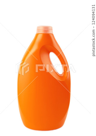 Orange plastic bottle with liquid laundry detergent or cleaning agent or bleach or fabric softener isolated on white background. Orange plastic bottle with liquid laundry detergent or cleaning agent or bleach or fabric softener isolated on white background. 124094131