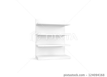 Blank white showcase shelves mockup, half-turned view. 124094168