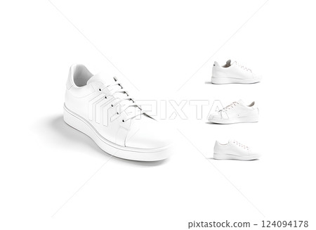 Blank white leather sneakers with lace mockup, different views. 124094178