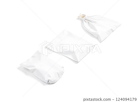 Blank white plastic bags mockup, side view Blank white plastic bags mockup, side view 124094179