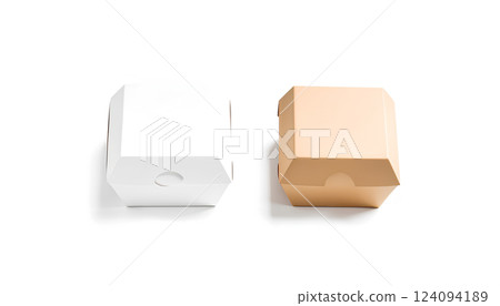 Blank craft and white burger box mockup set, isolated, 3d rendering. Empty fast food package mock up, top view. Clear portable carton container for cheeseburger or chicken wings template. 124094189