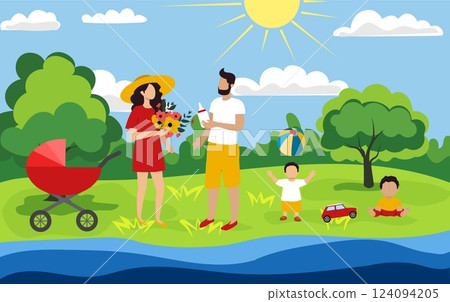 Summer family gathering in a park with parents, children, and a stroller enjoying a sunny day by the river 124094205