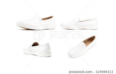 Blank white slip-on shoe mock up set, isolated, 3d rendering. Plain hipster slipon mockup template, stand front, profile, side, back view. Urban skate shoes with clear label presentation. 124094211
