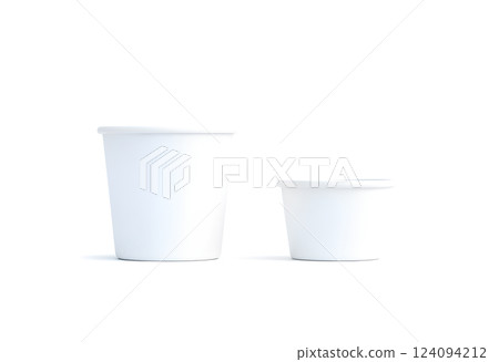 Blank white big and small food bucket mockup set, isolated 3d rendering. Empty pail fast food front side view. Paper chicken bucketful design mock up. Clear popcorn box. 124094212