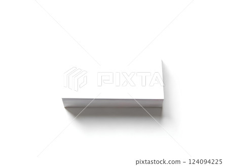 Blank white business cards flat stack mock up. Name card design mockup. Visiting clear papers top view. Calling paper sheet template for company name, phone number, email address. 124094225