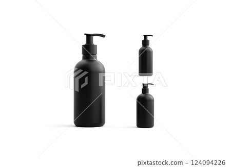 Blank black pump bottle with dispenser mockup, different sides. 124094226