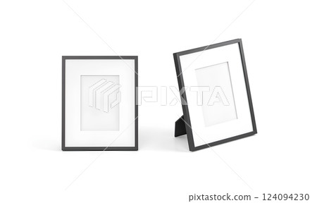 Empty vertical table photo frame front and side view mock up, isolated, 3d rendering. Blank past photography mockup. Clear family decor stand for portrait template. 124094230