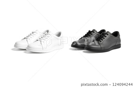 Blank black and white leather sneakers with lace mockup, isolated. 124094244