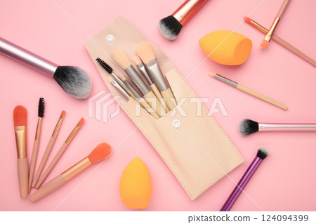 Professional female cosmetics brushes for makeup and eyelash brush on pink background. Cosmetics concept, make up concept 124094399