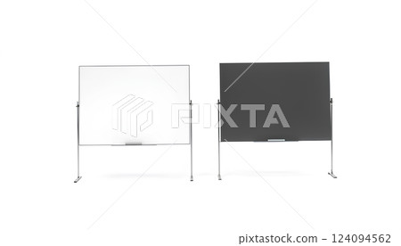 Blank white and black office marker board set mockup, isolated, 3d rendering. Empty schoolboard mock up. Clear chalk bred template. 124094562