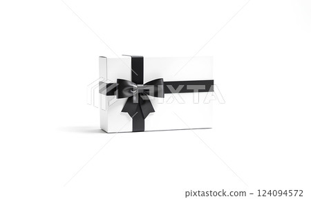 Blank white gift box with black ribbon bow mockup, isolated. 124094572
