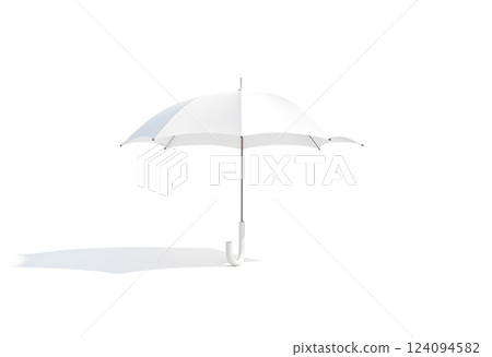 Blank white opened umbrella mock up stand, front view. 124094582