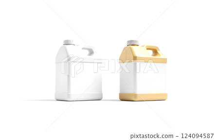 Blank transparent plastic canister with water and juice mock up. 124094587