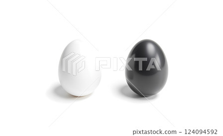 Blank black and white easter egg mock up set, 3d rendering. Empty fresh product mockup, front view. Clear holy eggshell for cultural tradition template. 124094592