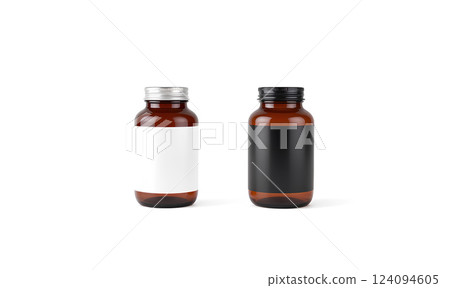Blank amber glass pill can with black, white label mockup. 124094605