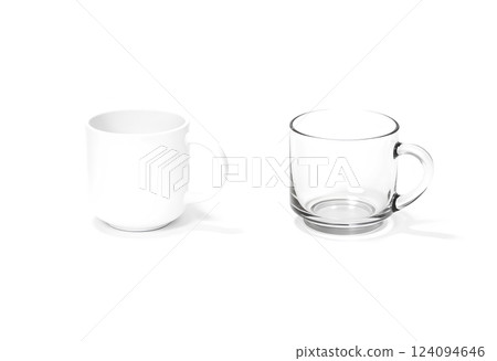 Blank ceramic and glass 8 oz mug mockup stand, side view. Blank ceramic and glass 8 oz mug mockup stand, side view. 124094646