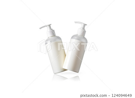 Blank glass bottle with cream and water mockup, no gravity. 124094649