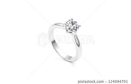 Blank silver ring with diamond mock up stand, half-turned view. 124094701