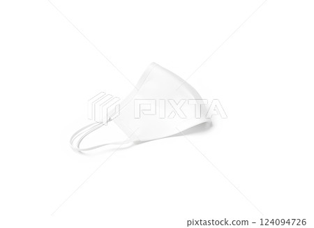 Blank white fabric folded face mask mockup lying, side view. 124094726