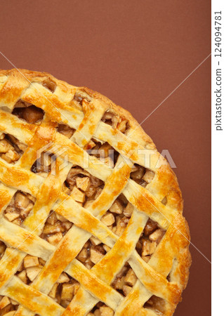 Homemade sweet american apple pie with sugar and cinnamon. Tart on brown background. Vertical photo 124094781