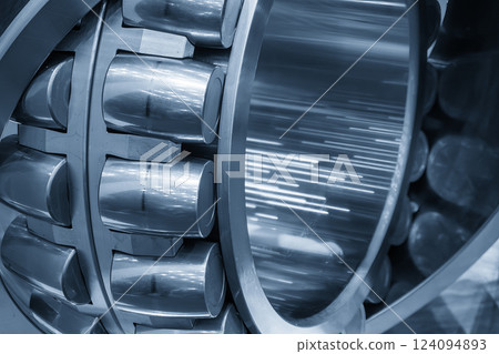 Close up scene the cylindrical rolling bearing parts in the light blue scene. 124094893