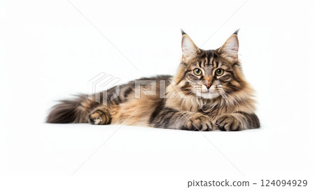 A beautiful Maine Coon cat lying gracefully on a pure white background. The cat has a luxurious long-haired coat with a mix of brown, black, and tan colors in a tabby pattern.  124094929