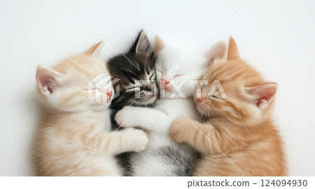 Four adorable kittens cuddling together on a white background. The kittens are of different colors - cream, black and white, pure white, and ginger. Four adorable kittens cuddling together on a white background. The kittens are of different colors - cream, black and white, pure white, and ginger. 124094930