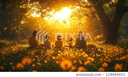 A family enjoys a golden picnic amidst a field of flowers under the radiant sun. 124094953