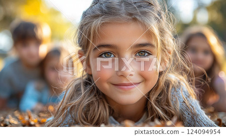 A pretty young girl smiles while lying with her friends in colorful fall leaves outdoors. 124094954